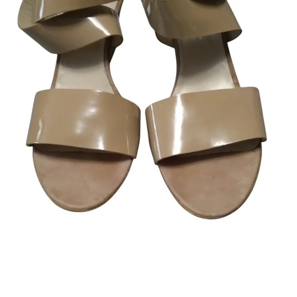 AGL Women's Eu 42/US 10 Tan Patent Leather Criss Cross Ankle Strap Wedge Sandals